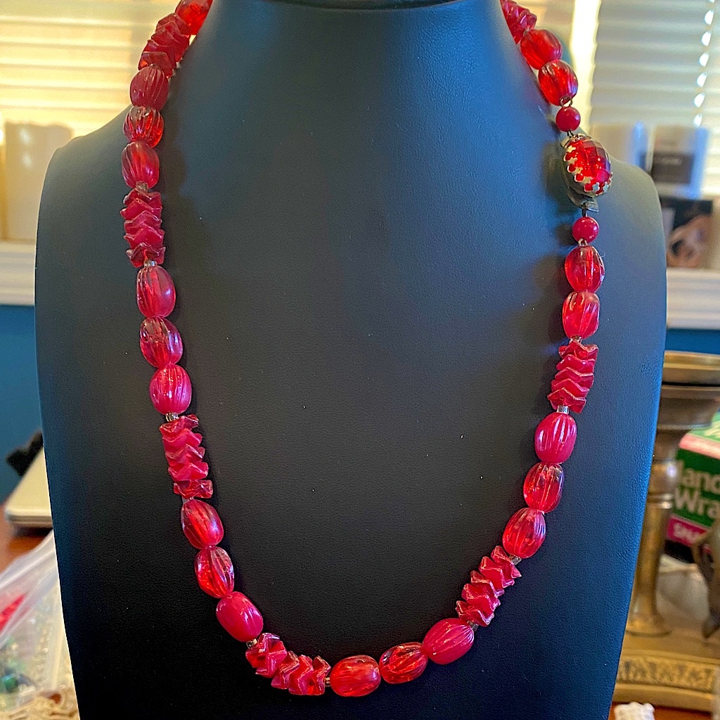 West Germany Red Beaded Necklace With Fancy Clasp And Gold Tone Accents